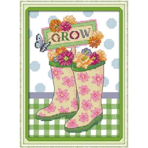 Flowers and rain boots cross stitch kit cartoon 14ct 11ct count print canvas stitches embroidery DIY handmade needlework plus