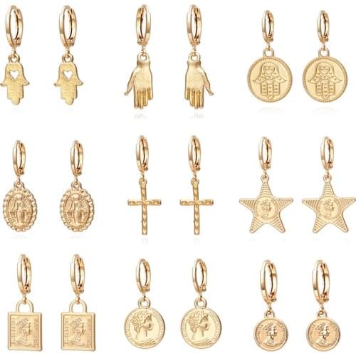 Punk Gold Color Hand Drop Earrings Round Coin Carved Portrait Queen Cross Dangle Earrings for Women Statement Jewelry Gift
