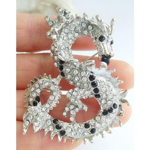 Unique Chinese Dragon Brooch Pin Pendant Clear Black Rhinestone Crystal EE02980C8