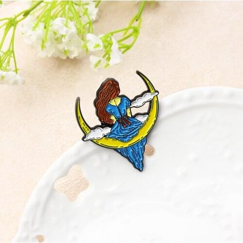 Retro Fashion Wearing Blue Long Dress Princess Alloy Enamel Brooch Creative Girl Sitting Moon Badge Pin Women Gift Jewelry