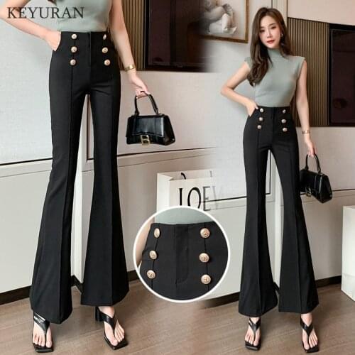 Womens High Waist Solid Flare Pants Female 2021 New Spring Summer New Ladies Elegant Double Breasted Bell Bottom Black Trousers