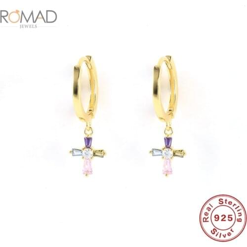 ROMAD Diamond Hoops Earrings Women Colorful Cross Zircon Piercing Jewelry 925 Sterling Silver Earrings Korean Brincos