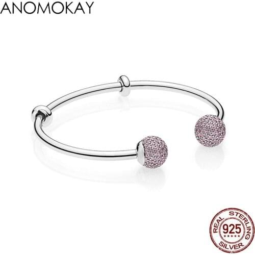 Anomokay Genuine 925 Sterling Silver Pink Cz Crystal Women Open Cuff Bangle Bracelet Luxury Silver Jewelry Bracelet Gift