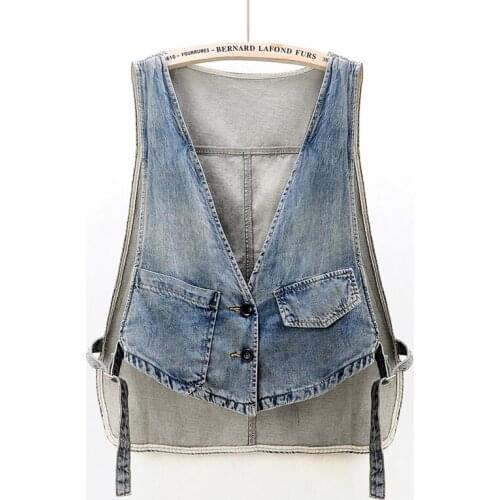 Summer Korean Front Short Back Long Denim Vest Women Short Waistcoat Vintage Black Blue Sleeveless Jacket Slim Jeans Vest Female