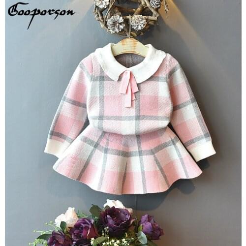 Toddler Girls Winter Knitted Clothes Set Christmas Outfits Kids Girl Plaid Sweater&skirt Fall Girl Clothing Set Children Costume