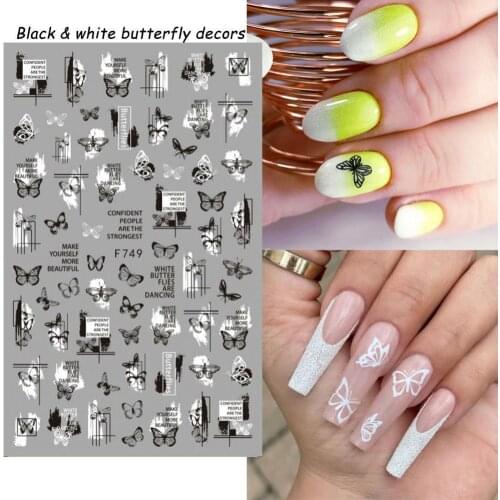 2Pcs 3D Nail Sticker Punk Style Retro Multi-functional Black White Butterfly Nail Art Stickers for Girl