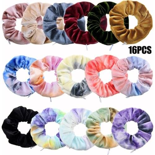 Tie-Dye Velvet Scrunchies with Invisible Pocket Zipper Design 9/16pcs Womens Hair Accessory