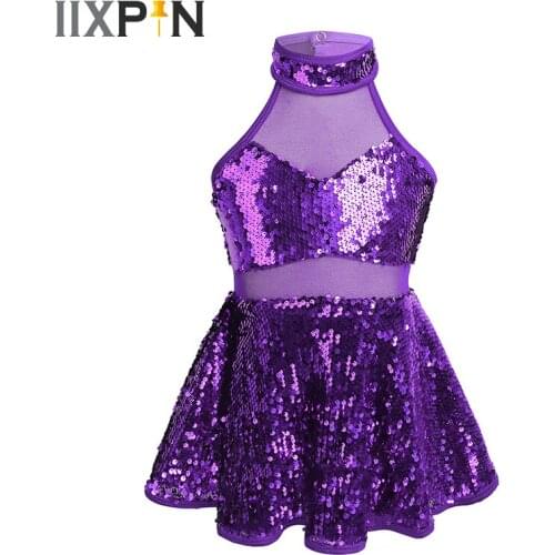 Girls Shiny Sequined Figure Skating Dress Ballet Jazz Dress Sleeveless Halter Tulle Splice Caged Back gymnastics Leotard Dress