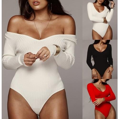 Sexy Bodysuit Deep V-neck Bare Shoulder Stretch Long Sleeve Black Bodysuits Women Clothes Shirt Bodycon Female Body Clothing