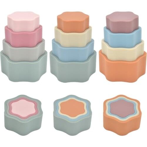 Baby Silicone Stacking Food Grade BPA Free Silicone Educational Building Blocks Teether Squeeze Circle Toys For Infant Grasp Toy