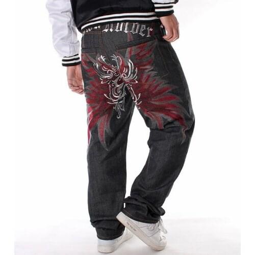 Demin Pants Tide Trousers Embroidered Flower Wings Mens Jeans Top Rushed Stripe Loose Hip Hop Jeans Men Printed Hiphop