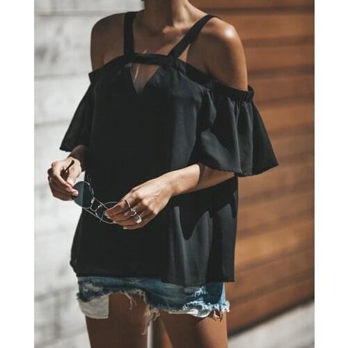 Women Summer T Shirts Casual Sexy Off Shoulder Tops Short Sleeve Solid Color V-Neck Ladies Loose Hollow Out Fashion New Clothes