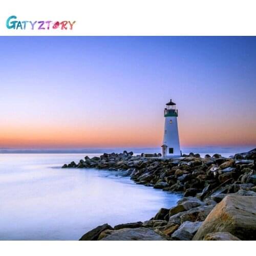 Gatyztory Paint By Numbers For Adults Landscape Canvas Painting Lighthouse Coloring By Number Decorative Frames Home Decor