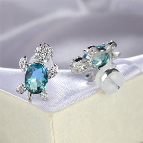 Dainty Oval Stone Small Turtle Stud Earrings Blue Green Crystal Earrings For Women Vintage Fashion Silver Color Animal Earrings
