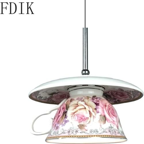 Coffee Cup Ceramic Pendant Lamp Simple Country Style Hanging Lights for Kitchen Dining Room Suspension Fixtures Led Luminaire G4