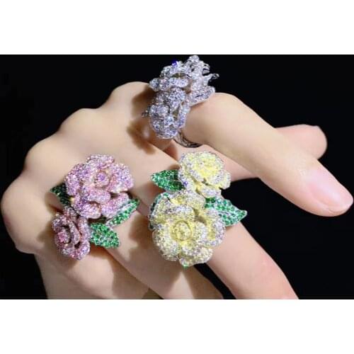 Double flowers ring 925 sterling silver with cubic zircon rose flower ring romantic fine women jewelry free shipping cocktail