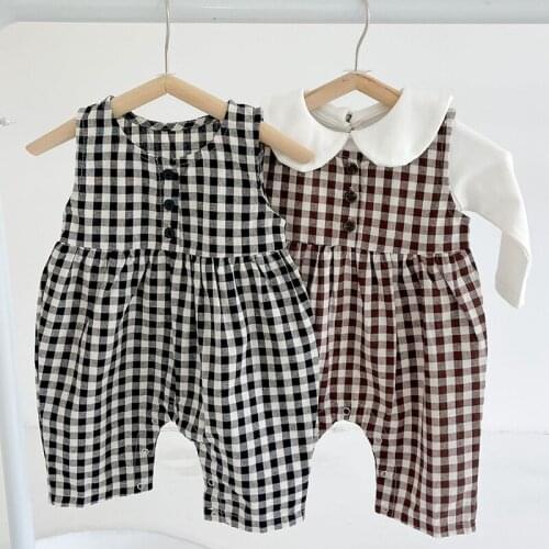 Korean Style Spring Autumn Baby Girls Clothes Suit Infant Baby Girls Lattice Sleeveless Cotton Jumpsuit+T-shirt Toddler Romper
