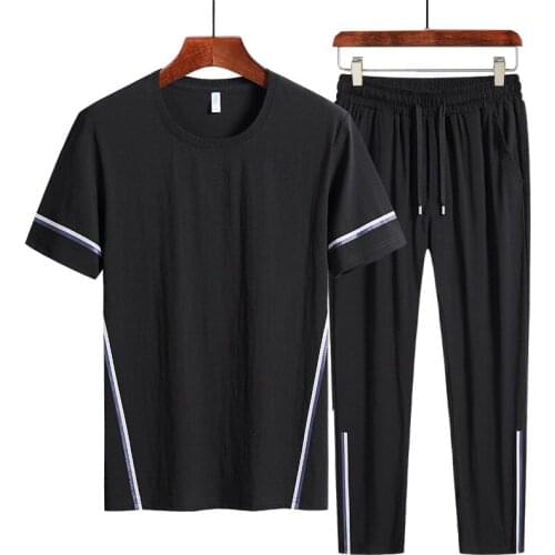 Summer Ice Silk Casual Short Sleeve Pants Suit Male Large Size Loose Korean Two-Piece Thin Sport Menswear 2021