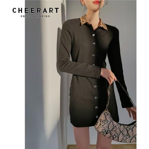 CHEERART Leopard Print Collar Button Up Mini Dress Women Long Sleeve Black Knitted Ladies Shirt Dress Korean Fashion Clothing
