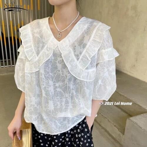 Korean Fashion White Shirt Summer New 2021 Casual Loose Wood Ear Lace Shirt Embossed Shirt Girl Thin Sunscreen Coat Blusas 14874