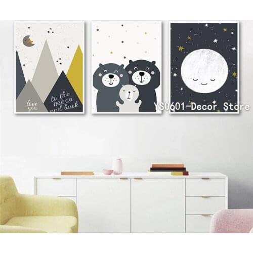 Cartoon Bear Baby Animal Moon Nursery Wall Art Canvas Painting Posters and Prints Pictures Home Living Room Decor (No Frame)