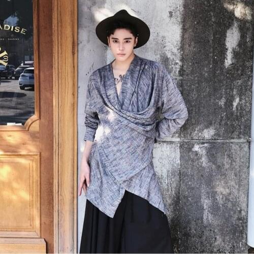 Spring Mens Nightclub Personality Irregular Cotton Linen Long-sleeved Shirt Hair Stylist Clothing Vertical Collar Long Shirt