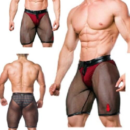 Mens Shorts Bermudas Masculina Ice Silk Through Mesh Stitching Transparent Seduction Fitness Clothing Pantalones Cortos Hombre