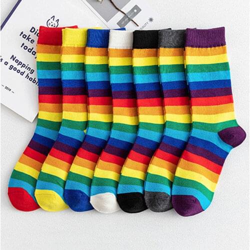 Colorful Cotton Japanese Style Breathable Mid Tube Socks College Style 1Pair Rainbow Socks for Women Ladies Pile Crew Socks