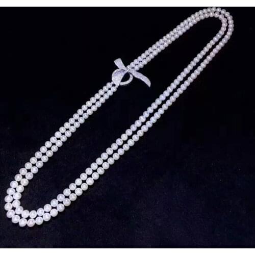 Hand knotted natural 80-90cm 2 strands 8-9 white freshwater pearl micro inlay zircon accessories clasp necklace fashion jewelry