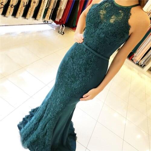 Sleeveless Sexy Lace Green Evening Dresses Long 2020 Mermaid Simple Elegant Evening Gowns Serene Hill LA60721