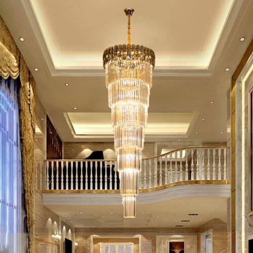 Modern luxury crystal chandelier staircase long villa chain lighting fixture large home decoration golden metal crystal lamp