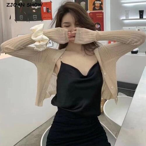 French Style Vintage Knitting Stripe Line Through Crop Pointelle Knit Cardigan Sweater Woman O neck Long Sleeve Jumper Knitwear