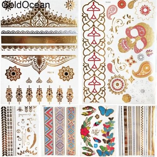 Jewelry Henna Mandala Skull Temporary Tattoo Gold Metallic Girl Neck Arm Tattoo Stickers Totem Women Body Legs Flash Tatoo Chain