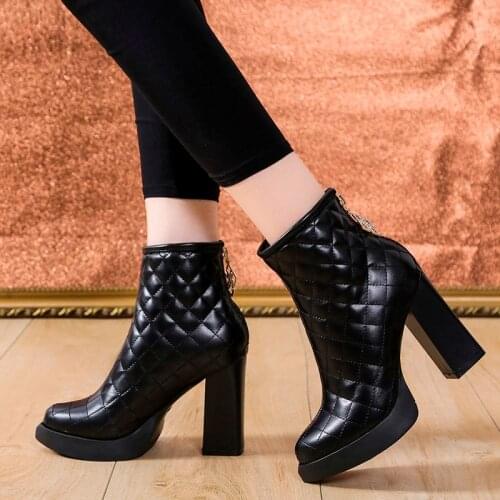 2021 New Autumn and Winter Women PU Leather Sexy Ankle Boots Zip Fashion Comfortable Black Thick High Heels 8 cm Ladies Booties