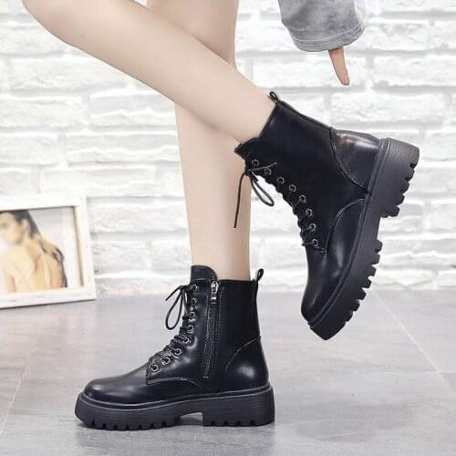 Ladies Motorcycle Boots Thick Heels Leather Womens PU Ankle Boots Lace Up Fashion Round Toe New Femlae Footwear Shoes 2021