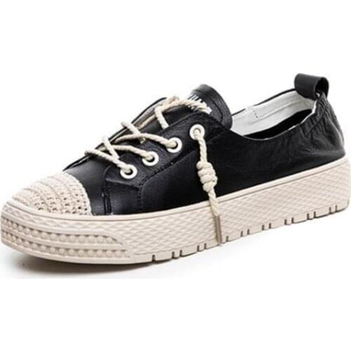 Hot 2021 New First Layer Cowhide Thick-soled Fisherman Shoes Women Sneakers Low-top Shallow Mouth Casual Shoes Black White Shoes