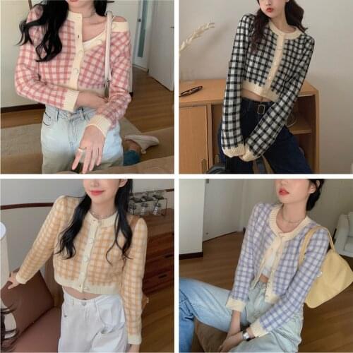 Womens Knit Crop Tops, 2021 Casual Long Sleeve Button Down Plaid Print Slim Fit Cardigan