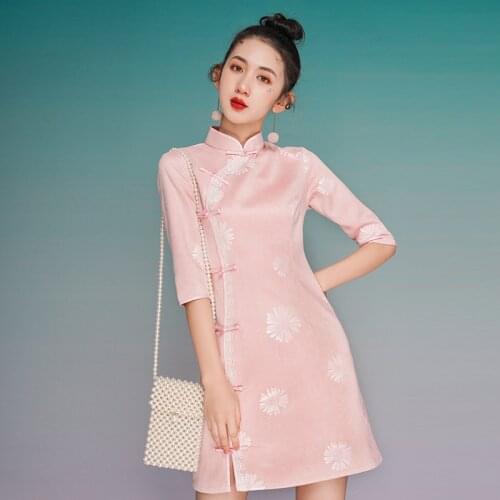 Girl Modified Cheongsam Short Small Spring and Summer French Retro Pink Lace Dress