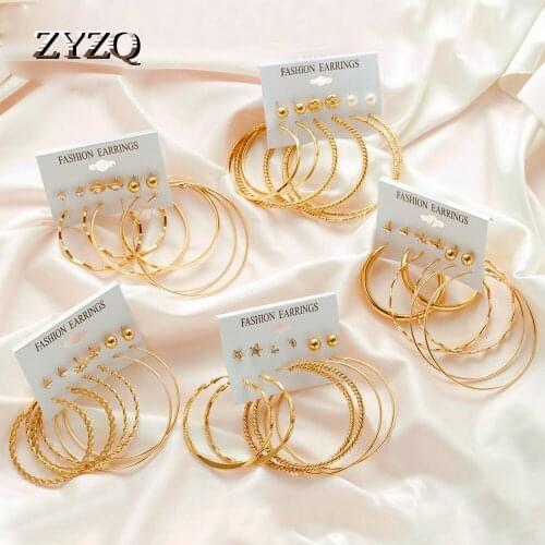 ZYZQ 3Pairs/set exaggeration Gold color Ear Clip Big Circle Hoop Earrings Women Vintage Brincos Round Earrings Party Jewelry Gif