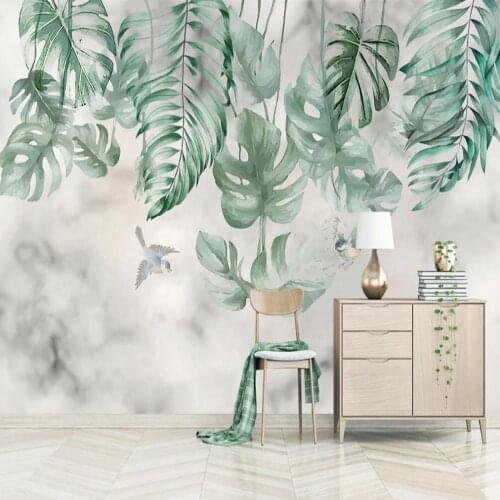 Milofi Custom Large Wallpaper Mural Nordic Hand-painted Retro Tropical Plant Marble Background Wall Decoration Painting
