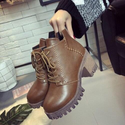 Chunky Square High Heels Ankle Boots Women Goth Platform Zip Lace Up Wedges Shoes Demonia Brown Black Leather Chelsea Boots New