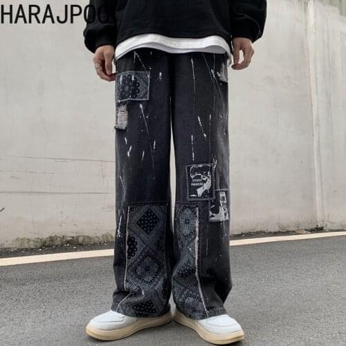 Harajpoo Couple Pant 2021 Spring Autumn Korean INS Trendy Hip-Hop Vintage High Street Patch Ripped Wide Leg Casual Straight Jean