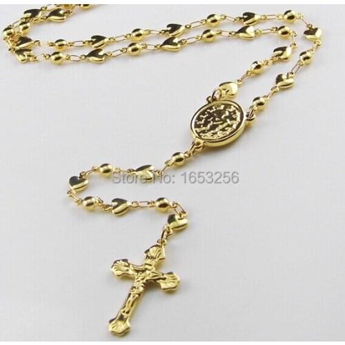 4mm Gold Sweet Heart Link Chain Stainless Steel Jesus Crucifix Cross Rosary Necklace Pendant Fashion Women Jewelry