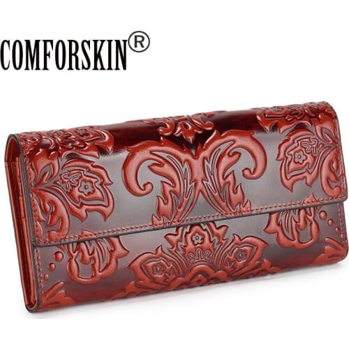 COMFORSKIN Cowhide Leather Long Vintage Wallet кошелек для женщин Dropshipping Women Leather Three-fold Embossing Hasp Purse