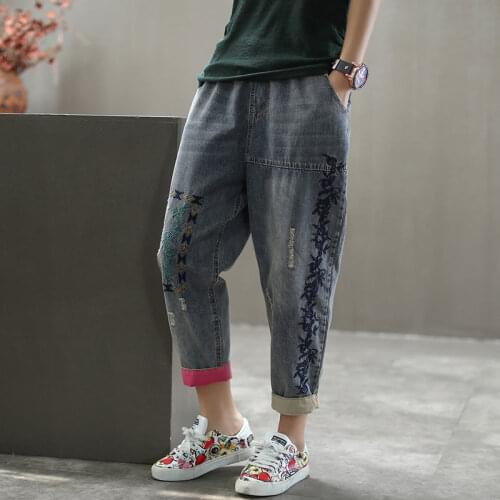 Elastic Waist Embroidered Jeans Ninth Pants Women Summer New Fashion High Waist Loose Large Size Embroidery Holes