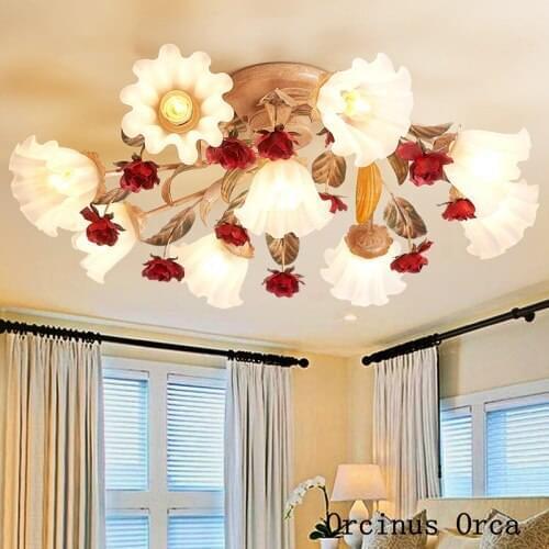 European Romantic Red Rose ceiling lamp Living Room Living Room Bedroom Korean Pastoral Creative LED Flower ceiling lamp