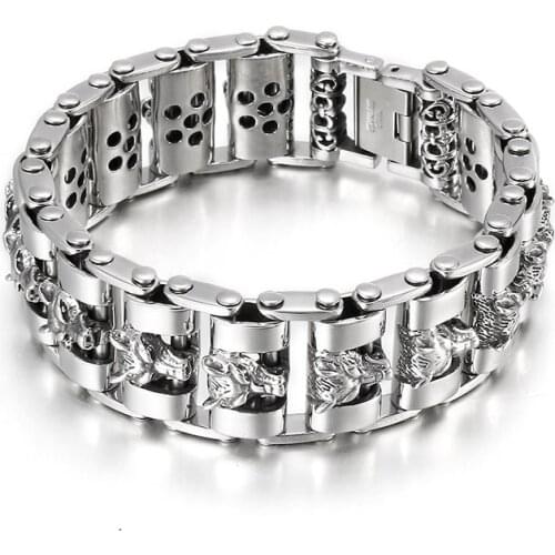 HAOLYNJOY Trend Wolf Head Wide Bracelet Mechanical Chain High Quality Mens Stainless Steel Bracelets