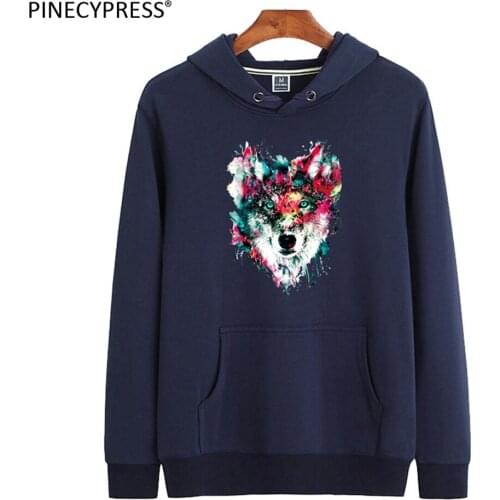 Quality 85.4% Cotton 14.6% Polyester Terry Anti-pilling Man Hoodie Fashion Wolf Blue Casual Long Sleeve Men Hooded Sweatshirt