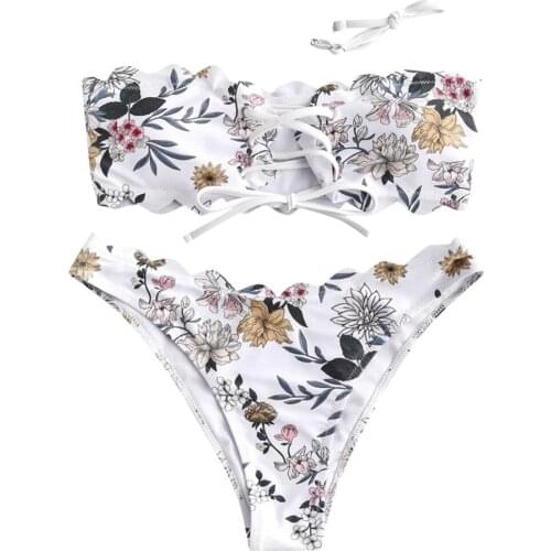 Floral Lace-up Bikini Set Scalloped Bandeau Swimsuit Women Push-up Sexy Strap Beach Swimwear Bathing Suit Купальник 2021новинка