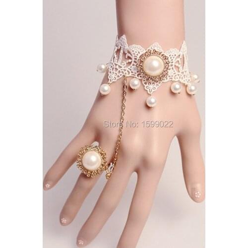Wedding Lace Bracelet Gothic Bangle Woman Pearl Dangle Charm Decoration Engagement Japanese Style White Bridal Hand Accessories